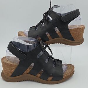 Bionica Sandals Womens 8.5 Slingback Black Leather Lace Up Open Toe Wedge Sorena